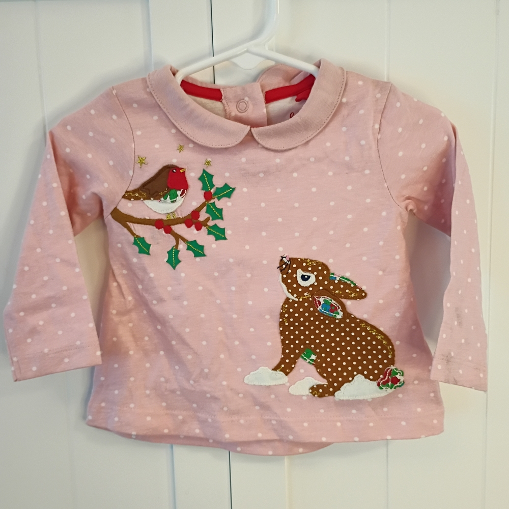 Baby Boden Pink Polka Dot Long-Sleeve Top with Bunny & Robin Appliqués
